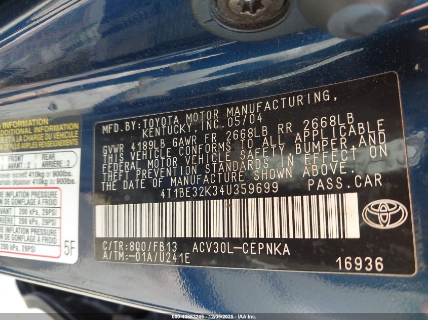 2004 Toyota Camry Le VIN: 4T1BE32K34U359699 Lot: 43863245