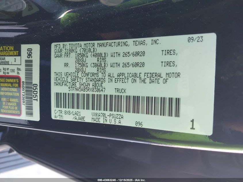 2024 Toyota Tundra Platinum VIN: 5TFNA5AB5RX030647 Lot: 43863246