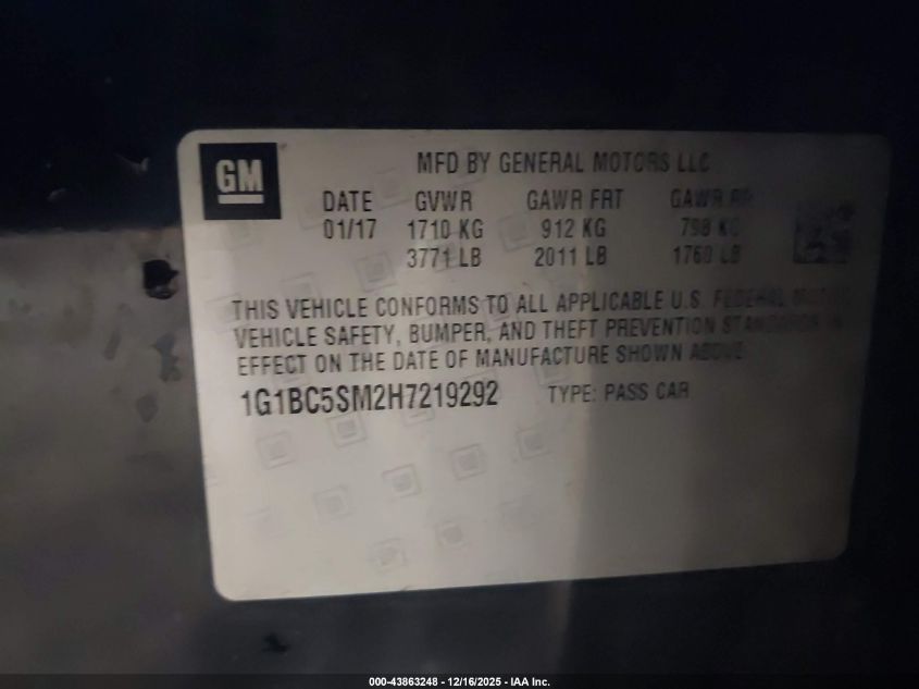 2017 Chevrolet Cruze Ls Auto VIN: 1G1BC5SM2H7219292 Lot: 43863248