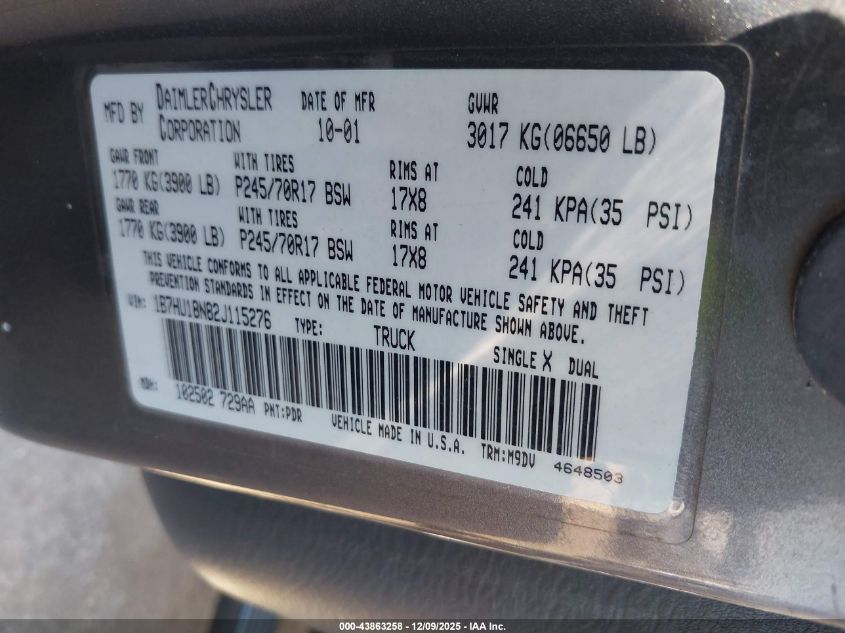 2002 Dodge Ram 1500 St VIN: 1B7HU18N82J115276 Lot: 43863258