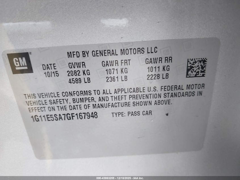 2016 Chevrolet Malibu Limited Ltz VIN: 1G11E5SA7GF167948 Lot: 43863259