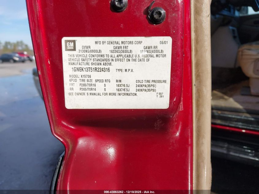 2001 Chevrolet Tahoe Lt VIN: 1GNEK13T51R224316 Lot: 43863262