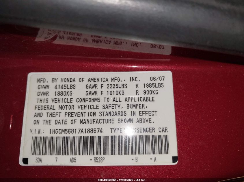 2007 Honda Accord 2.4 Ex VIN: 1HGCM56817A188674 Lot: 43863265