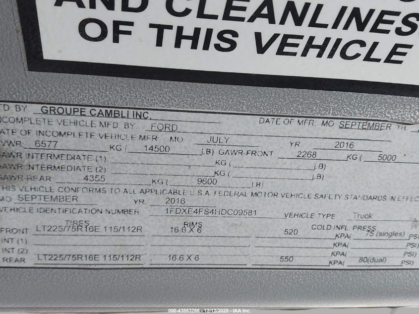 2017 Ford E-450 Cutaway VIN: 1FDXE4FS4HDC09581 Lot: 43863266