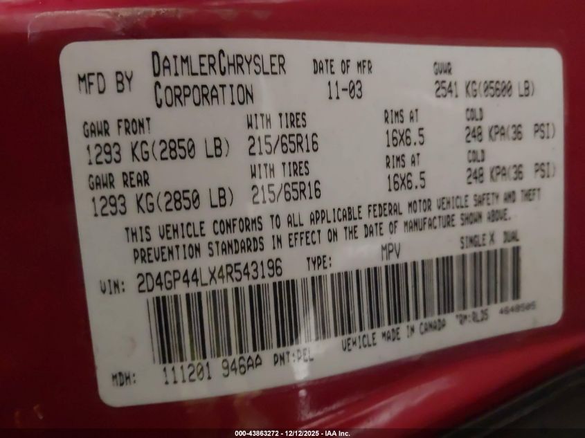 2004 Dodge Grand Caravan Sxt VIN: 2D4GP44LX4R543196 Lot: 43863272