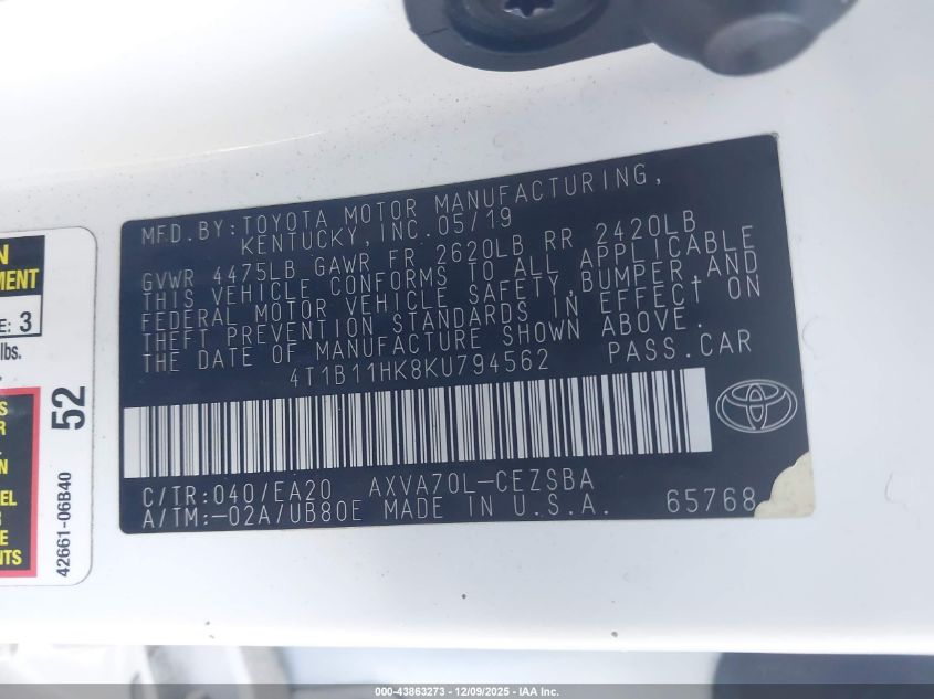 2019 Toyota Camry Se VIN: 4T1B11HK8KU794562 Lot: 43863273