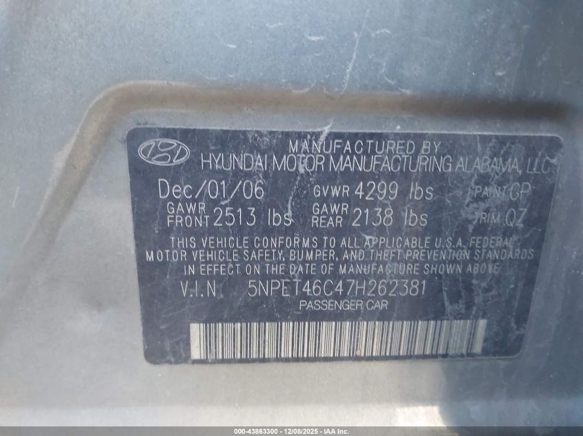 2007 Hyundai Sonata Gls VIN: 5NPET46C47H262381 Lot: 43863300