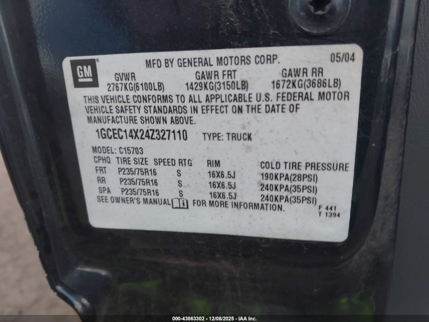 2004 Chevrolet Silverado 1500 Work Truck VIN: 1GCEC14X24Z327110 Lot: 43863302