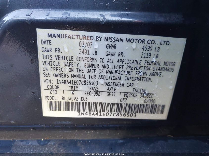 2007 Nissan Maxima 3.5 Se VIN: 1N4BA41E07C856503 Lot: 43863305