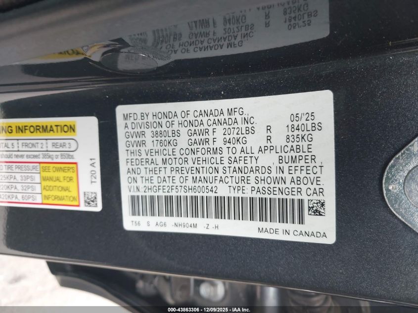 2025 Honda Civic Sport VIN: 2HGFE2F57SH600542 Lot: 43863306