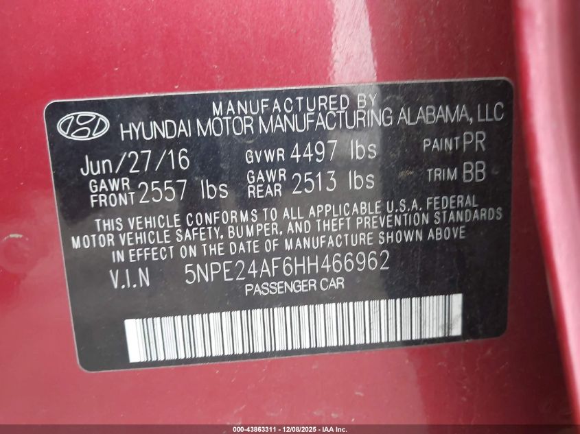 2017 Hyundai Sonata Se VIN: 5NPE24AF6HH466962 Lot: 43863311