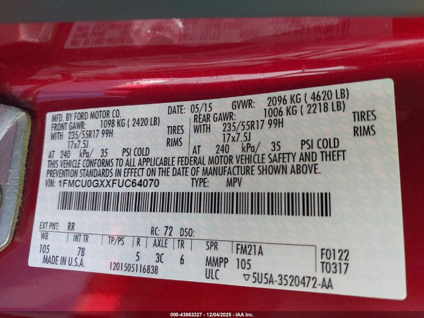 2015 Ford Escape Se VIN: 1FMCU0GXXFUC64070 Lot: 43863327