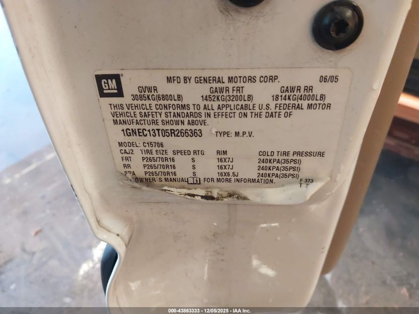 2005 Chevrolet Tahoe Ls VIN: 1GNEC13T05R266363 Lot: 43863333