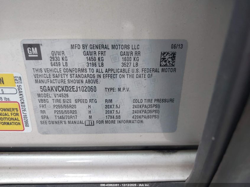 2014 Buick Enclave Premium VIN: 5GAKVCKD2EJ102060 Lot: 43863351