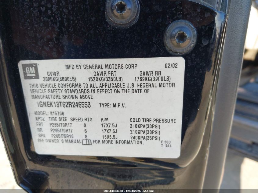 2002 Chevrolet Tahoe Z71 VIN: 1GNEK13T62R246553 Lot: 43863358