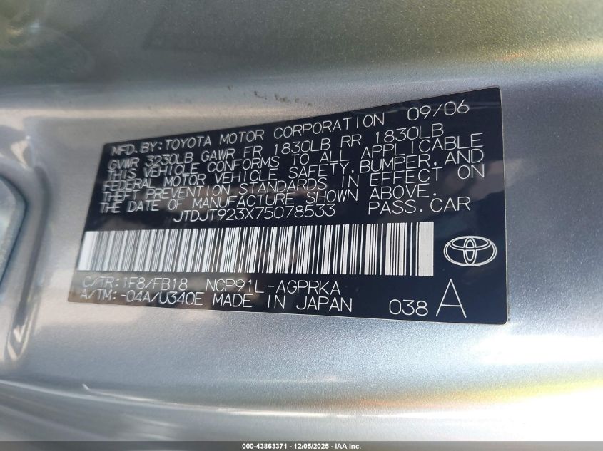 2007 Toyota Yaris VIN: JTDJT923X75078533 Lot: 43863371