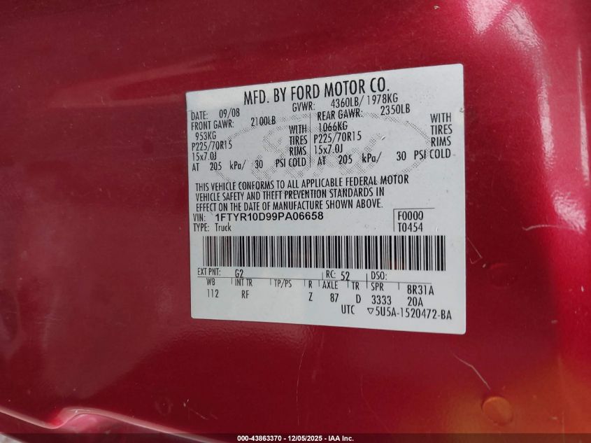 2009 Ford Ranger Sport/Xl/Xlt VIN: 1FTYR10D99PA06658 Lot: 43863370