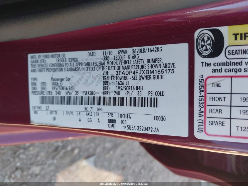 2011 Ford Fiesta Ses VIN: 3FADP4FJXBM165175 Lot: 43863376