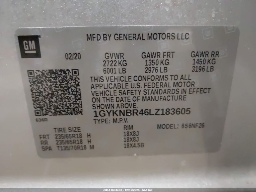 2020 Cadillac Xt5 Awd Luxury VIN: 1GYKNBR46LZ183605 Lot: 43863378