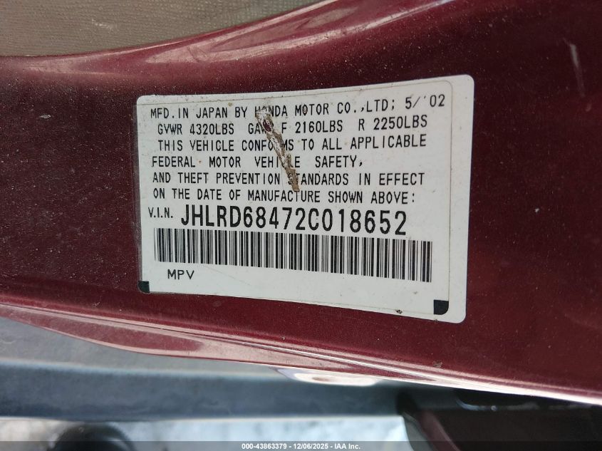 2002 Honda Cr-V Lx VIN: JHLRD68472C018652 Lot: 43863379