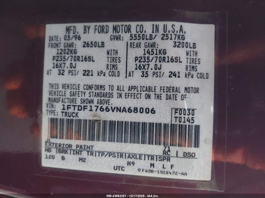 1997 Ford F-150 Lariat/Standard/Xl/Xlt VIN: 1FTDF1766VNA68006 Lot: 43863381