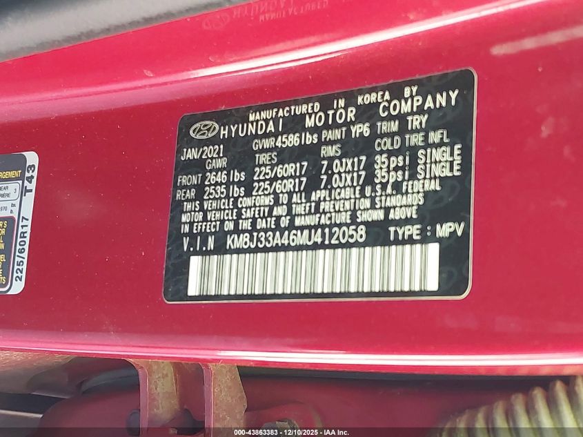 2021 Hyundai Tucson Value VIN: KM8J33A46MU412058 Lot: 43863383