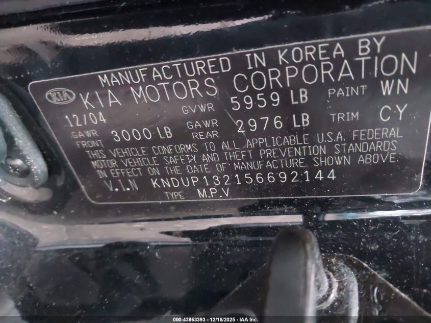 2005 Kia Sedona Ex/Lx VIN: KNDUP132156692144 Lot: 43863393