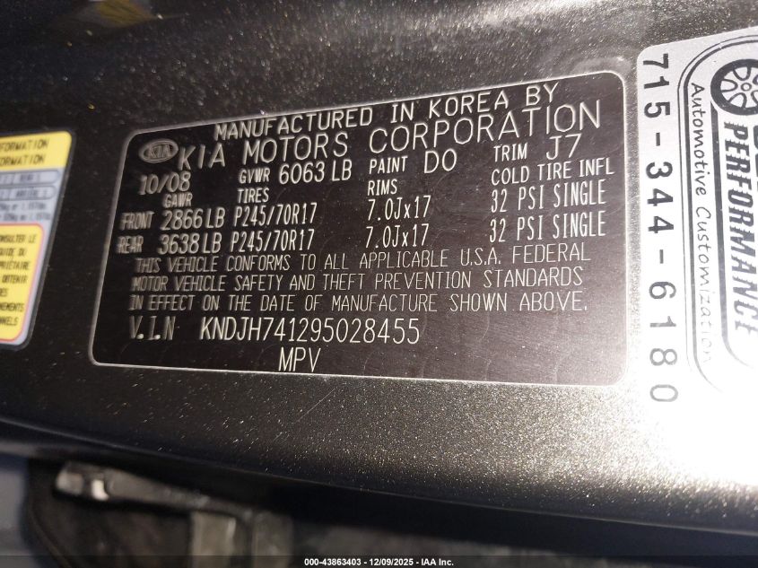 2009 Kia Borrego Ex V6 VIN: KNDJH741295028455 Lot: 43863403