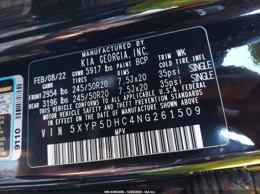 2022 Kia Telluride Sx VIN: 5XYP5DHC4NG261509 Lot: 43863406