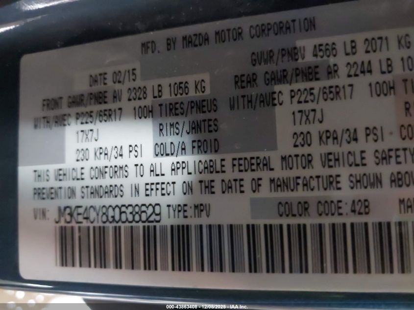 2016 Mazda Cx-5 Touring VIN: JM3KE4CY8G0638629 Lot: 43863408