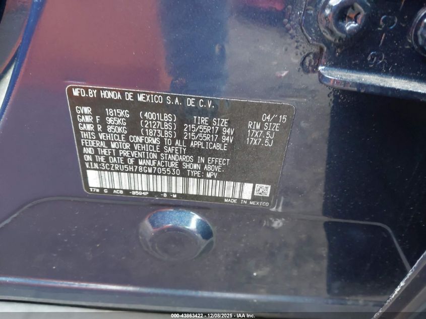 2016 Honda Hr-V Ex-L VIN: 3CZRU5H78GM705530 Lot: 43863422