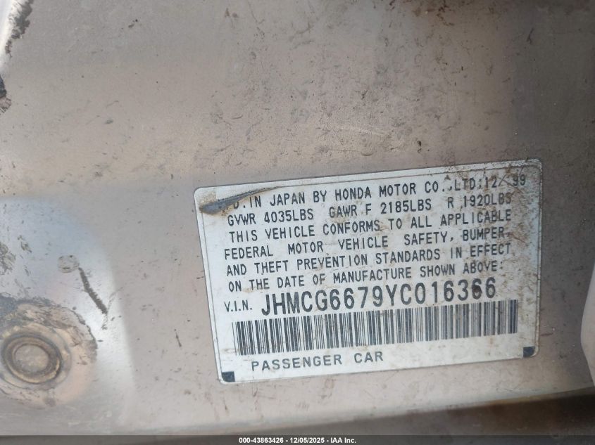 2000 Honda Accord 2.3 Ex VIN: JHMCG6679YC016366 Lot: 43863426
