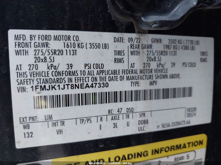 2022 Ford Expedition Xlt Max VIN: 1FMJK1JT8NEA47330 Lot: 43863432