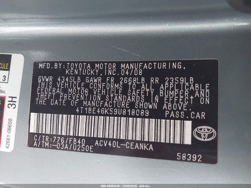 2009 Toyota Camry Le VIN: 4T1BE46K59U818089 Lot: 43863436