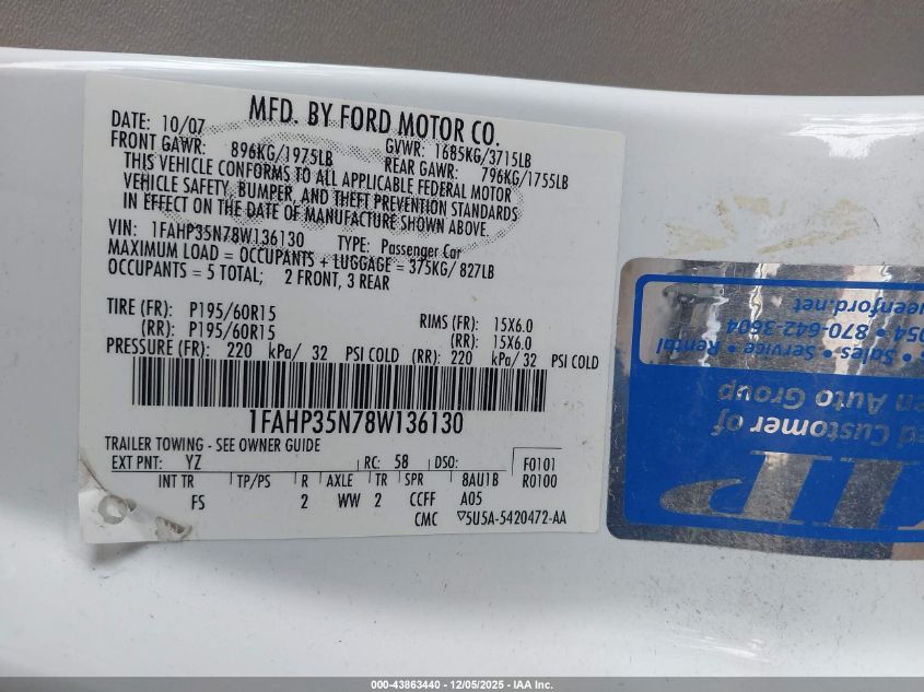 2008 Ford Focus Se/Ses VIN: 1FAHP35N78W136130 Lot: 43863440