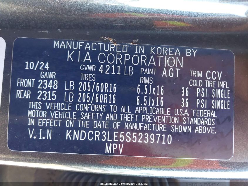 2025 Kia Niro Ex VIN: KNDCR3LE5S5239710 Lot: 43863443