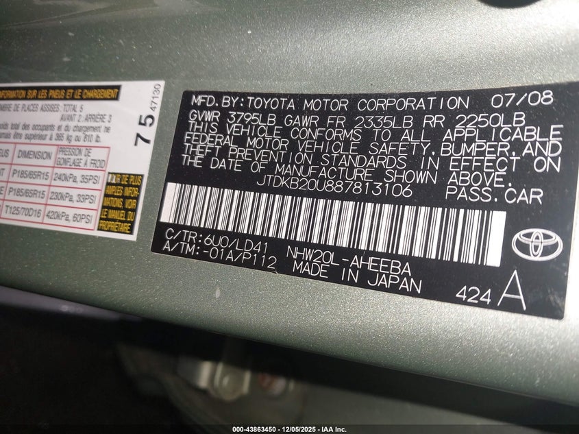 JTDKB20U887813106 2008 TOYOTA PRIUS photo no. 9