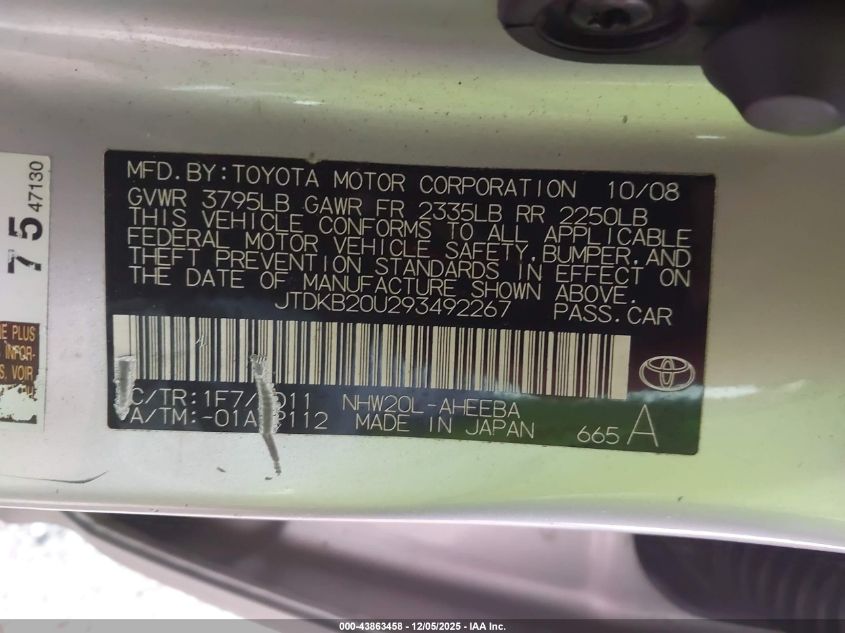 2009 Toyota Prius VIN: JTDKB20U293492267 Lot: 43863458