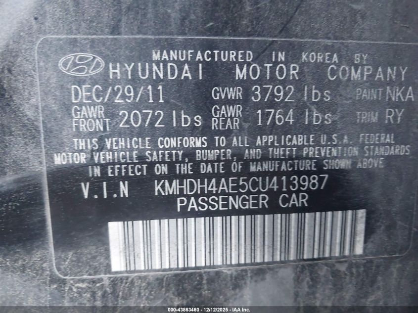 2012 Hyundai Elantra Limited (Ulsan Plant) VIN: KMHDH4AE5CU413987 Lot: 43863460