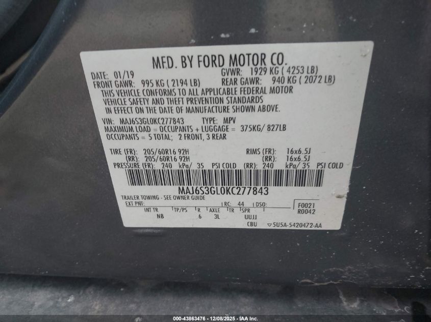 2019 Ford Ecosport Se VIN: MAJ6S3GL0KC277843 Lot: 43863476