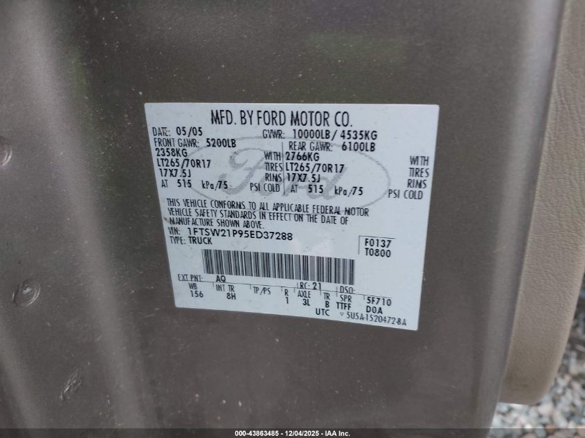 2005 Ford F-250 Lariat/Xl/Xlt VIN: 1FTSW21P95ED37288 Lot: 43863485