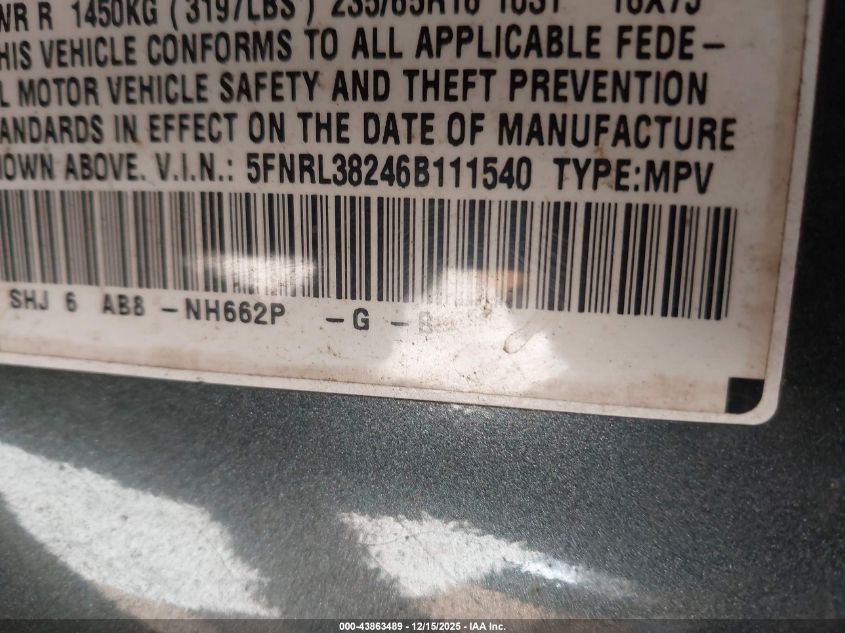 2006 Honda Odyssey Lx VIN: 5FNRL38246B111540 Lot: 43863489