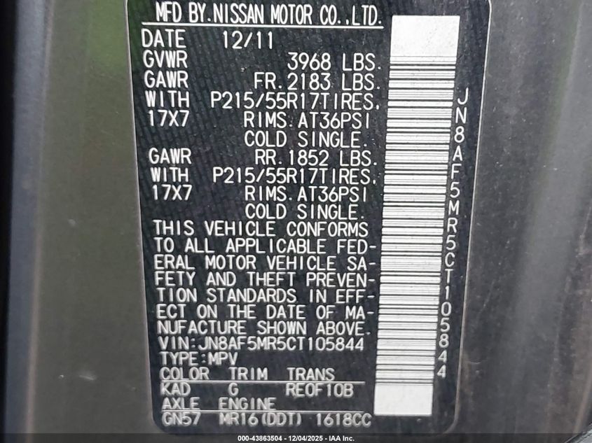 2012 Nissan Juke Sl VIN: JN8AF5MR5CT105844 Lot: 43863504