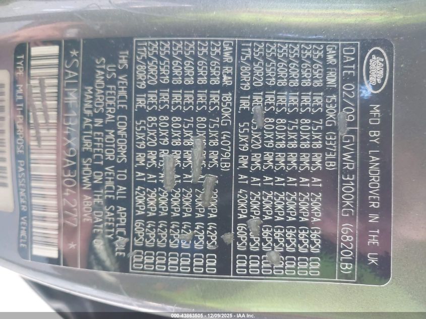 2009 Land Rover Range Rover Supercharged VIN: SALMF134X9A304277 Lot: 43863505