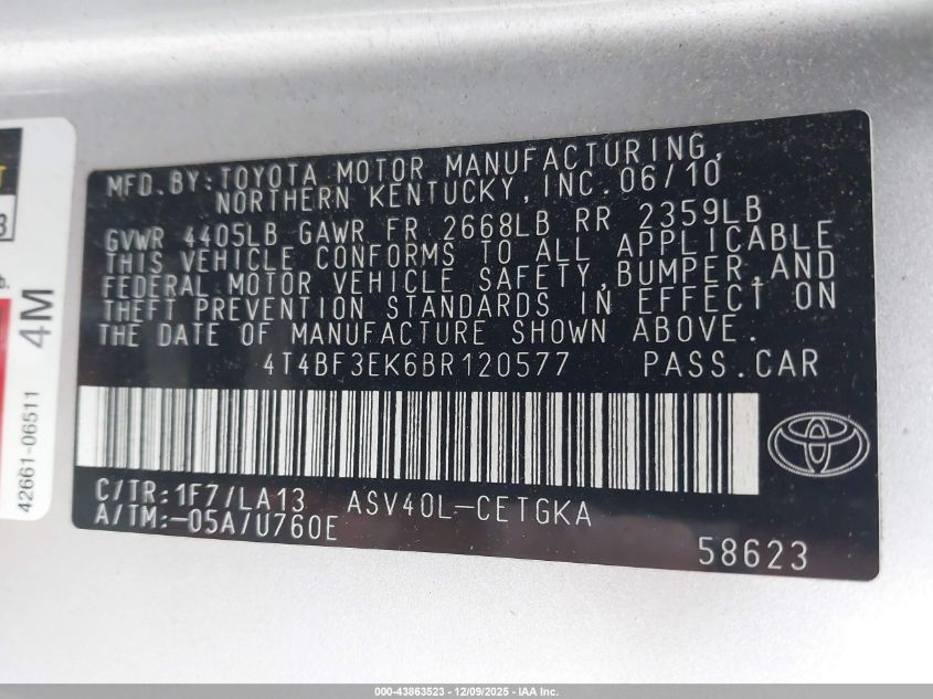 2011 Toyota Camry Xle VIN: 4T4BF3EK6BR120577 Lot: 43863523