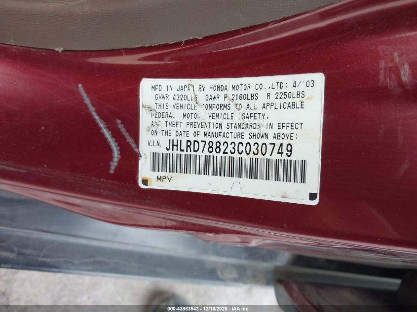 2003 Honda Cr-V Ex VIN: JHLRD78823C030749 Lot: 43863543
