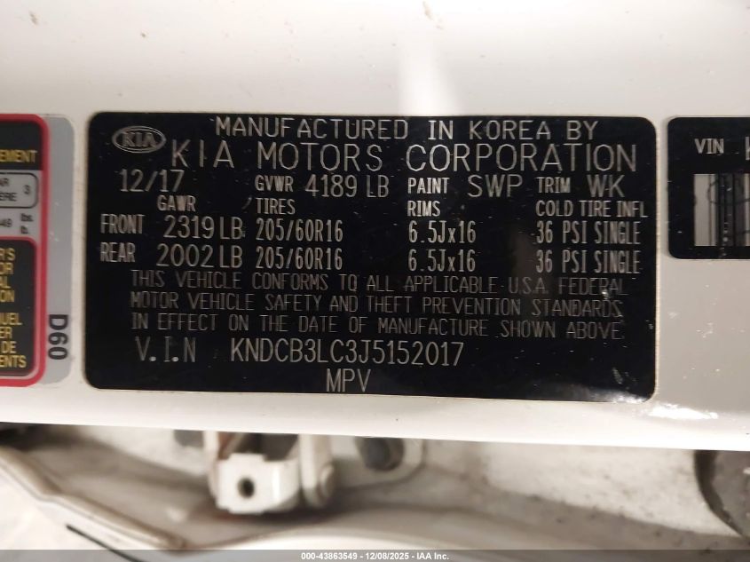 2018 Kia Niro Lx VIN: KNDCB3LC3J5152017 Lot: 43863549