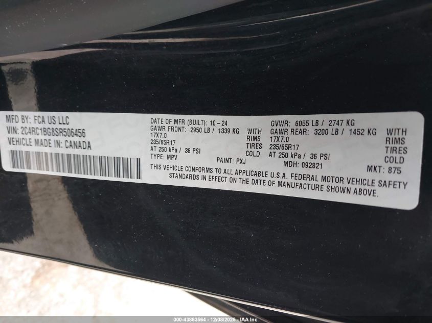 2025 Chrysler Pacifica Select VIN: 2C4RC1BG8SR506456 Lot: 43863564