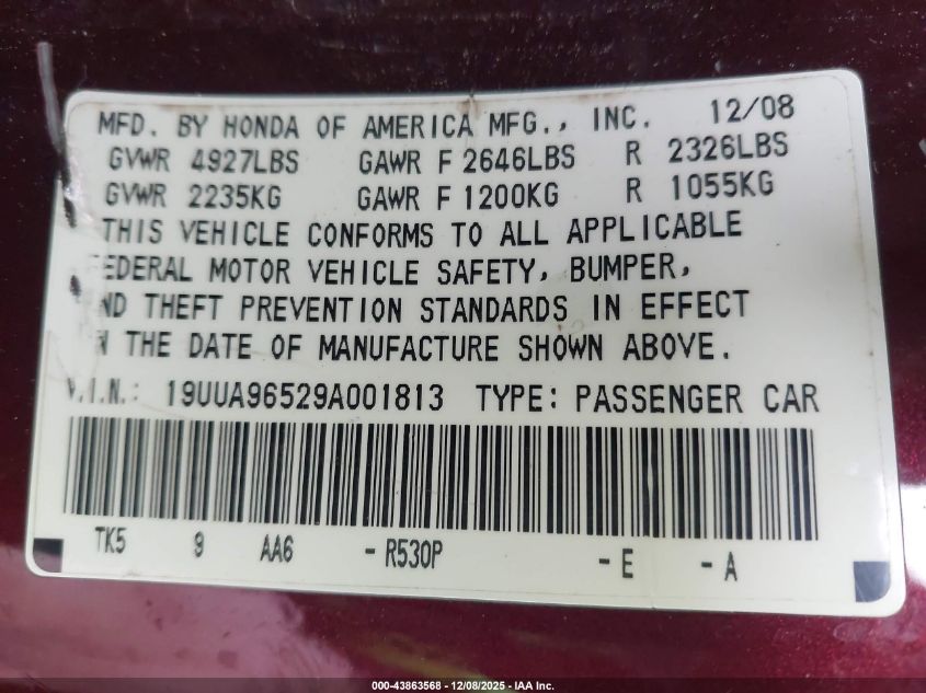 2009 Acura Tl 3.7 VIN: 19UUA96529A001813 Lot: 43863568