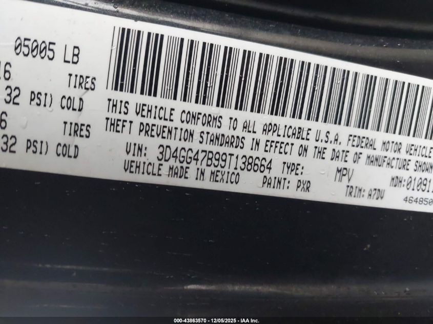 2009 Dodge Journey Se VIN: 3D4GG47B99T138664 Lot: 43863570